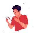 Vector illustration of a character who coughs up blood. A man holds a handkerchief with blood stains after coughing. Symptoms of