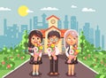 Vector illustration characters children two schoolgirls and boy classmates pupils students standing with bouquets
