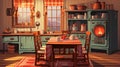 vector illustration of a charming country kitchen with a laid table