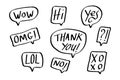 vector illustration of chat words bubbles, hand drawn, comic style banner isolated on background. abstract concept