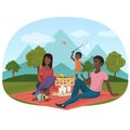The vector illustration of cheerful African family on a picnic outside. Black people family camping near the mountains.
