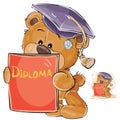 Vector illustration of a cheerful brown teddy bear in the graduation cap holding in his paws a university diploma