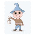 Vector illustration of a cheerful, fairy-tale dwarf, elf with a lantern.