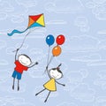 Vector illustration of cheerful kids flying with balloons and kite in blue cloudy sky Royalty Free Stock Photo