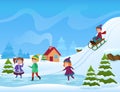 Vector Illustration of cheerful kids ice skating and sledging in winter. Winter holifays card. Royalty Free Stock Photo