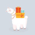 Vector Illustration With A Cheerful Llama With Gifts On A Blue Background. Suitable For Baby Texture, Textile, Fabric