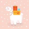 Vector Illustration With A Cheerful Llama With Gifts On A Pink Background With Stars. Suitable For Baby Texture, Textile