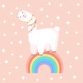 Vector Illustration With A Cheerful Llama On A Rainbow On A Pink Background With Stars. Suitable For Baby Texture
