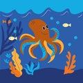 Vector illustration, A cheerful octopus lives in the deep blue sea