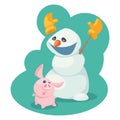 Cartoon snowman in yellow mittens with a piglet. vector illustration