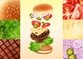 Vector illustration of cheeseburger in exploded view with tomato, cheese, onion, jalapenos, beef, lettuce and bun Royalty Free Stock Photo