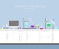 Vector illustration of chemical laboratory. Chemistry infographic s with various chemical solutions and reactions