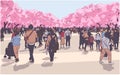 Vector illustration of cherry blossom viewing festival crowd in Ueno Park, Tokyo