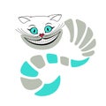 Vector illustration of a Cheshire cat with a body and a tail. Alice in Wonderland. Cat face. The Cheshire cat smiled. Flat.