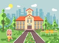 Vector illustration child character schoolgirl pupil apprentice sitting on grass near trees bushes exterior schoolyard