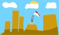 Vector illustration.The child holds the red and white flagpole on the hill as a sign Royalty Free Stock Photo