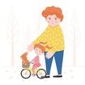 Vector illustration of a child learning to ride a bike