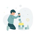 Vector illustration of a child playing with cubes, on the background of a gear, star, target. The boy collects toy cubes, on the