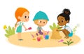 Vector illustration of children, boy and girl share their toys while playing in sandbox sandpit on playground Royalty Free Stock Photo