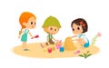 Vector illustration of children, boy and girl share their toys while playing in sandbox sandpit on playground Royalty Free Stock Photo