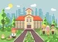 Vector illustration children characters schoolboy schoolgirl pupils apprentices classmates at schoolyard play chess, sit