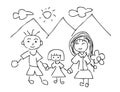 Vector Illustration of Children Drawings, Family kids drawing, Father, mother, son, isolated on white background.