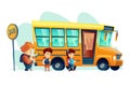 Vector illustration of children get on school bus on the stop sign. Transportation pupil. Banner for internet, design. Royalty Free Stock Photo