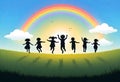 a vector illustration of children jumping in front of a rainbow Royalty Free Stock Photo