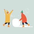 Vector illustration children make a snowman. Christmas characters. Royalty Free Stock Photo