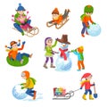 Vector illustration of children playing in the street in winter. Royalty Free Stock Photo