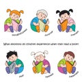 Vector illustration of children are reading a book, a set of children`s emotions and moods