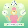 Vector illustration of children`s dentist with defferent dental instruments