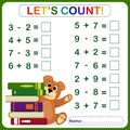 Vector illustration of a children`s math game on the topic I can count. Mathematical examples
