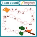 Vector illustration of a children`s math game on the topic I can count. Mathematical examples for addition