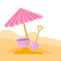 Vector illustration of a children s scoop, sand and a baby bucket in the style of flat cartoon. Beach toys for kids, square Royalty Free Stock Photo