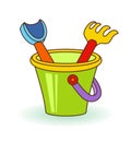 Vector illustration children scoop, rakes and baby bucket with sand. Beach toys Royalty Free Stock Photo