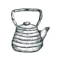 Vector illustration with a Chinese or Japanese ceramic teapot for a tea ceremony in sketch style. Clay Organic Natural Teapot for Royalty Free Stock Photo