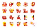 Chinese lion dance color icon set. Included the icons as performances, musician, lion dance, dragon dance, celebration and more.