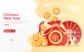 Vector cartoon illustration chinese new year. women are putting coins / money into sacks and men carrying lanterns next to big fan Royalty Free Stock Photo