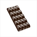 Vector illustration of a chocolate bar. Wrapped in packaging bar with a cocoa beans print, in unwrapped foil, with large