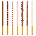 Vector illustration of chocolate dipped cookie sticks on white background. Decorated white and brown chocolate snacks