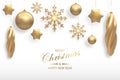 Vector illustration of Christmas background with golden 3d realistic christmas ball, star, snowflake decorations isolated on whit Royalty Free Stock Photo