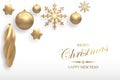 Vector illustration of Christmas background with golden 3d realistic christmas ball, star, snowflake decorations isolated on whit Royalty Free Stock Photo