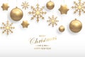 Vector illustration of Christmas background with golden realistic christmas ball, star, snowflake decorations isolated on white. Royalty Free Stock Photo