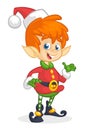 Vector illustration of Christmas boy elf cartoon. Cute Happy Dwarf Santa Helper Presenting. Royalty Free Stock Photo