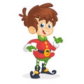 Vector illustration of Christmas boy elf cartoon. Cute Happy Dwarf Santa Helper Presenting. Royalty Free Stock Photo