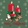 Vector illustration of Christmas candles with cookies and snowflakes on green background. Merry Christmas