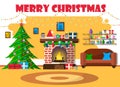 Vector illustration for Christmas with Christmas tree and retro furniture. Flat design with spruce and fireplace. Royalty Free Stock Photo