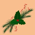 Vector illustration Christmas composition with holly, Christmas tree branch, red berries.