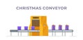 The vector illustration of christmas conveyor. Machine for assembling presents at work.